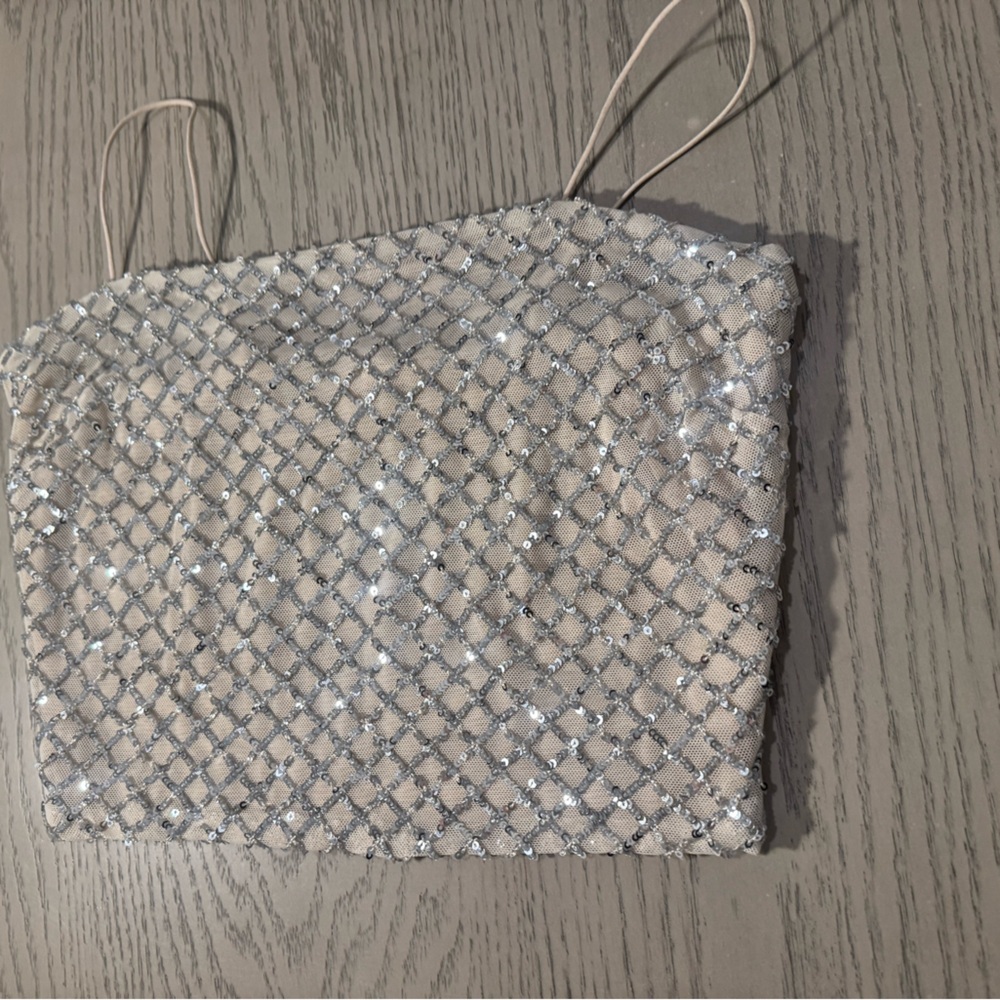 Sequin Mesh Crop Top in Ivory